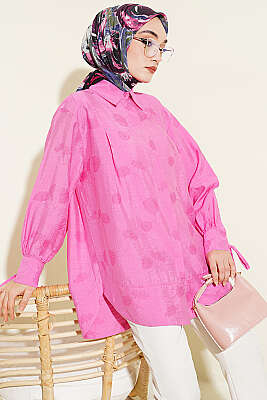 Bilek İpli Pile Detaylı Oversize Gömlek Pembe 