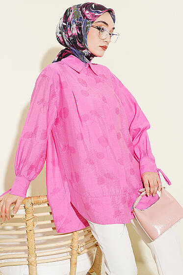 Bilek İpli Pile Detaylı Oversize Gömlek Pembe - Gömlek