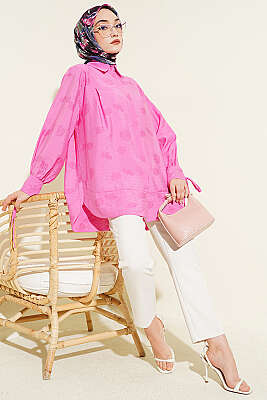 Bilek İpli Pile Detaylı Oversize Gömlek Pembe - Gömlek