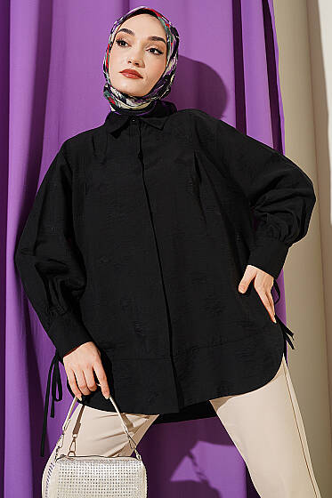 Bilek İpli Pile Detaylı Oversize Gömlek Siyah - Gömlek