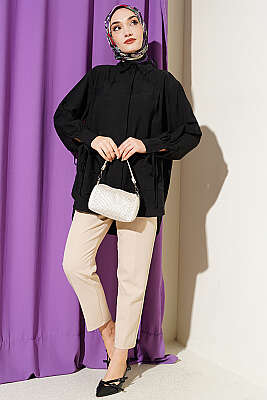 Bilek İpli Pile Detaylı Oversize Gömlek Siyah - Gömlek