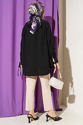 Bilek İpli Pile Detaylı Oversize Gömlek Siyah - Gömlek