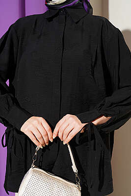 Bilek İpli Pile Detaylı Oversize Gömlek Siyah - Gömlek