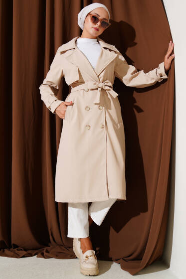 Bilek Kemerli Kuşaklı Trençkot Bej - Trençkot