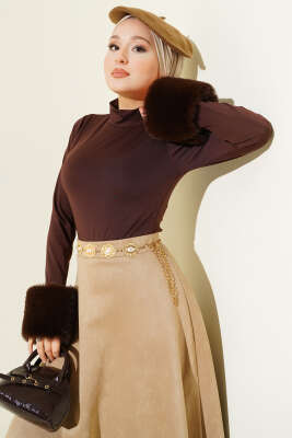 Bilek Kürklü Çıtçıtlı Body Kahve