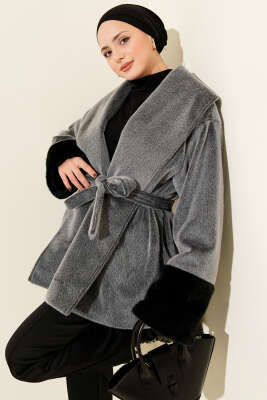 Bilek Kürklü Kuşaklı Goldfox Kaban Gri - HEWES