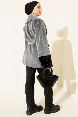 Bilek Kürklü Kuşaklı Goldfox Kaban Gri - Kaban