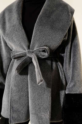 Bilek Kürklü Kuşaklı Goldfox Kaban Gri - Kaban