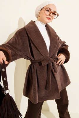 Bilek Kürklü Kuşaklı Goldfox Kaban Kahve - HEWES