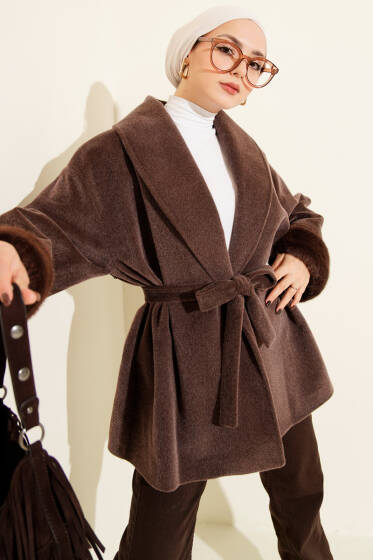 Bilek Kürklü Kuşaklı Goldfox Kaban Kahve - Kaban