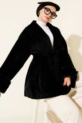 Bilek Kürklü Kuşaklı Goldfox Kaban Siyah - HEWES