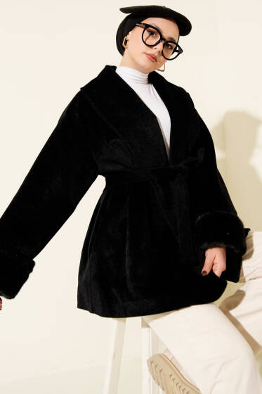 Bilek Kürklü Kuşaklı Goldfox Kaban Siyah - Kaban