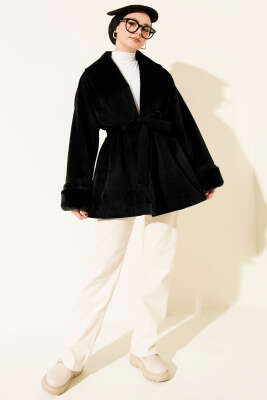 Bilek Kürklü Kuşaklı Goldfox Kaban Siyah - Kaban