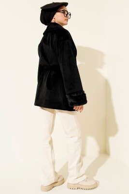 Bilek Kürklü Kuşaklı Goldfox Kaban Siyah - Kaban