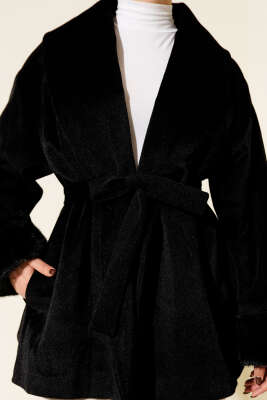 Bilek Kürklü Kuşaklı Goldfox Kaban Siyah - Kaban