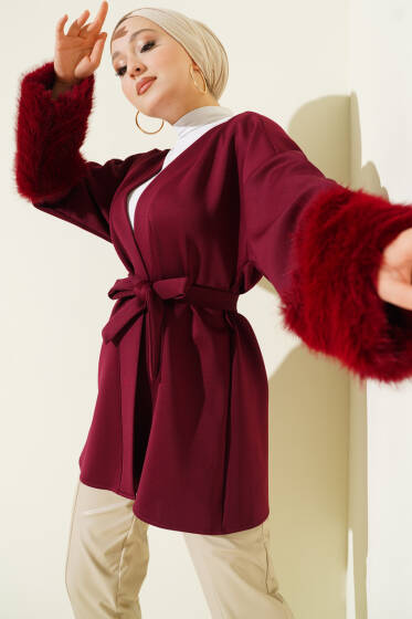 Bilek Kürklü Kuşaklı Scuba Ceket Bordo - Ceket