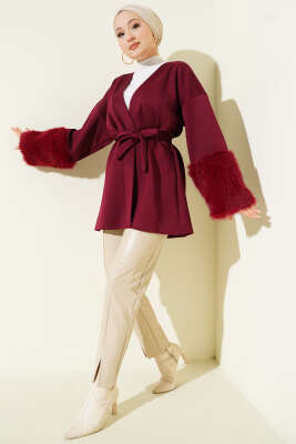 Bilek Kürklü Kuşaklı Scuba Ceket Bordo - Ceket