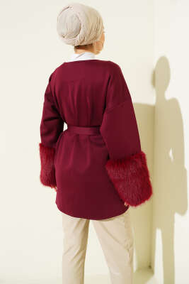 Bilek Kürklü Kuşaklı Scuba Ceket Bordo - Ceket