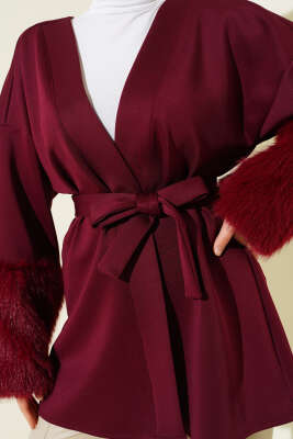 Bilek Kürklü Kuşaklı Scuba Ceket Bordo - Ceket