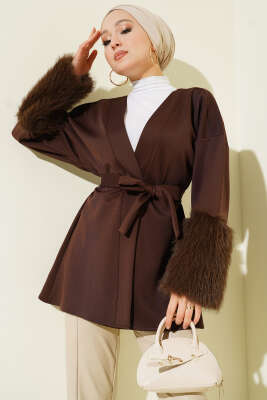 Bilek Kürklü Kuşaklı Scuba Ceket Kahve - TABLO FASHİON