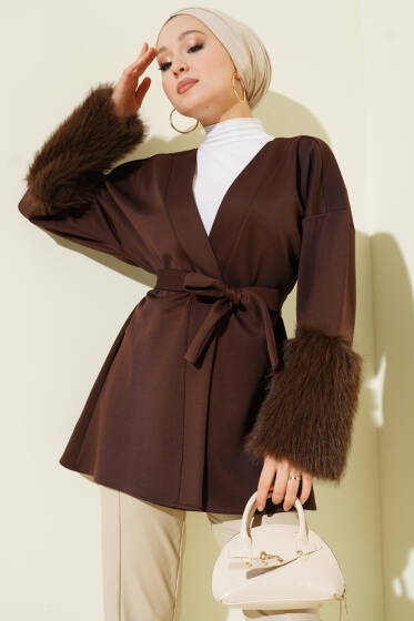 Bilek Kürklü Kuşaklı Scuba Ceket Kahve - Ceket