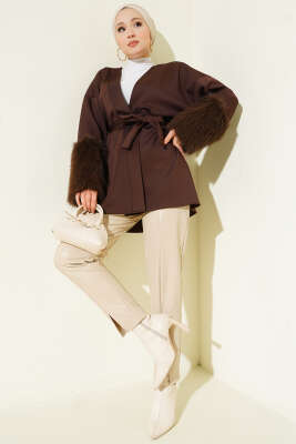 Bilek Kürklü Kuşaklı Scuba Ceket Kahve - Ceket