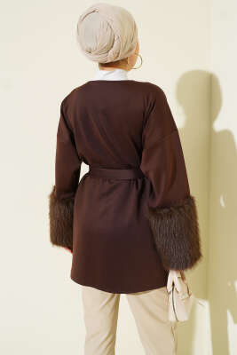 Bilek Kürklü Kuşaklı Scuba Ceket Kahve - Ceket