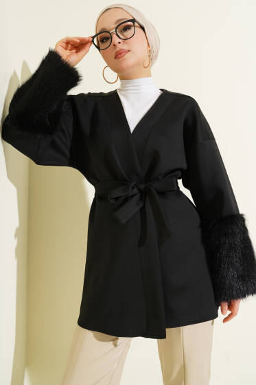 Bilek Kürklü Kuşaklı Scuba Ceket Siyah - Ceket
