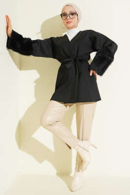 Bilek Kürklü Kuşaklı Scuba Ceket Siyah - Ceket