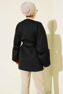 Bilek Kürklü Kuşaklı Scuba Ceket Siyah - Ceket
