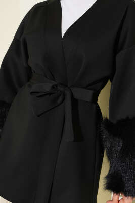 Bilek Kürklü Kuşaklı Scuba Ceket Siyah - Ceket