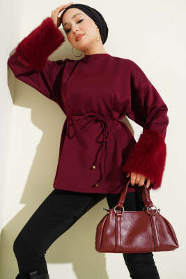 Bilek Kürklü Scuba Tunik Bordo - TABLO FASHİON