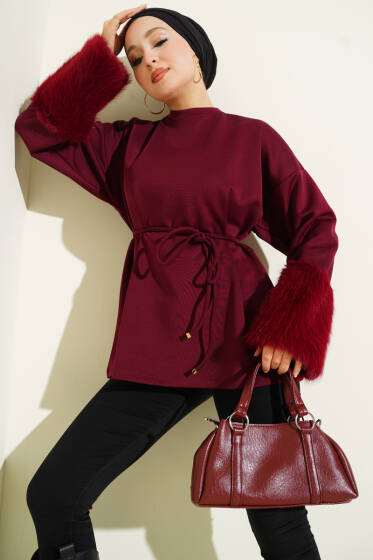 Bilek Kürklü Scuba Tunik Bordo - Tunik