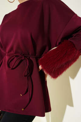 Bilek Kürklü Scuba Tunik Bordo - Tunik