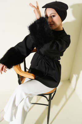 Bilek Kürklü Scuba Tunik Siyah