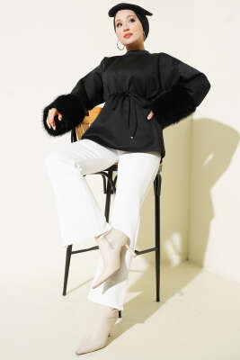 Bilek Kürklü Scuba Tunik Siyah - Tunik