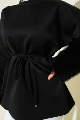 Bilek Kürklü Scuba Tunik Siyah - Tunik