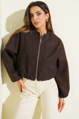 Bilek Lastik Detaylı Kısa Kaşe Ceket Acı Kahve - Yeni Giyim