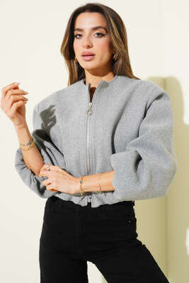 Bilek Lastik Detaylı Kısa Kaşe Ceket Gri - Yeni Giyim