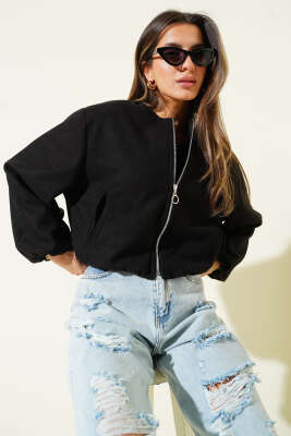 Bilek Lastik Detaylı Kısa Kaşe Ceket Siyah - Yeni Giyim