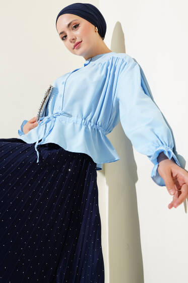 Bilek Lastikli Bel Tünelli Kısa Gömlek Bebe Mavi - Gömlek