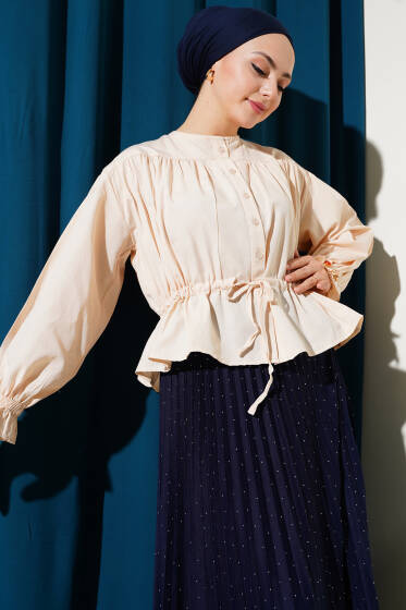 Bilek Lastikli Bel Tünelli Kısa Gömlek Bej - Gömlek