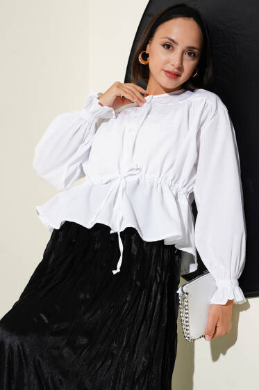 Bilek Lastikli Bel Tünelli Kısa Gömlek Beyaz - Gömlek