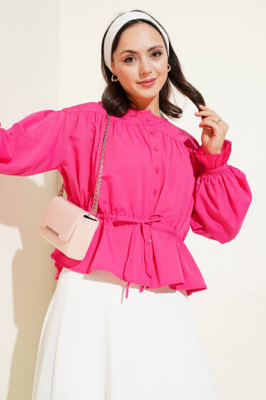 Bilek Lastikli Bel Tünelli Kısa Gömlek Fuşya - Gömlek