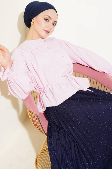 Bilek Lastikli Bel Tünelli Kısa Gömlek Pembe - Gömlek