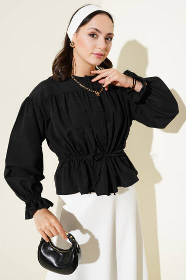 Bilek Lastikli Bel Tünelli Kısa Gömlek Siyah - Gömlek