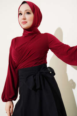 Bilek Lastikli Çapraz Büzgülü Bluz Bordo - Yılın Fırsatı 