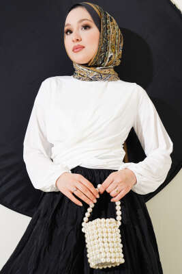 Bilek Lastikli Çapraz Büzgülü Bluz Ekru - SAS