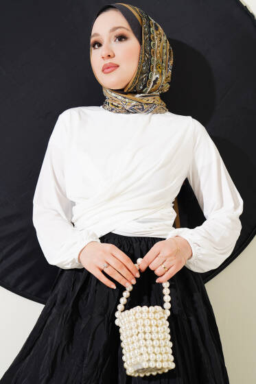 Bilek Lastikli Çapraz Büzgülü Bluz Ekru - Yılın Fırsatı 