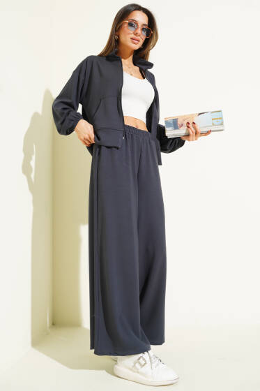 Bilek Lastikli Cepli Salaş Loyşa İkili Takım Füme - Kadın Giyim Modelleri